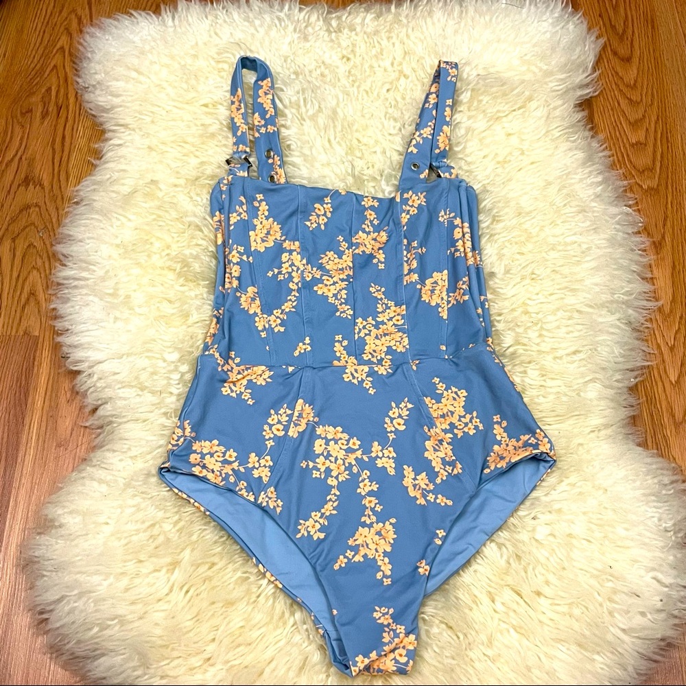 Revolve Revel Rey Hunter Blue Botanical One Piece Swimsuit S